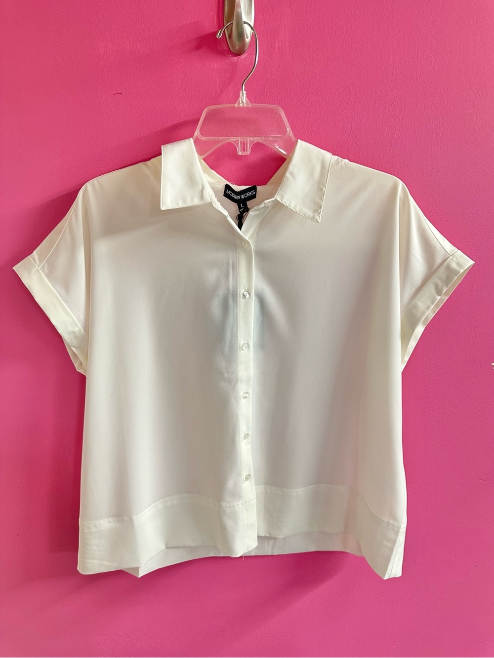 Modern Works NWT Boxy Chic Short Sleeve White Button Down Blouse Large